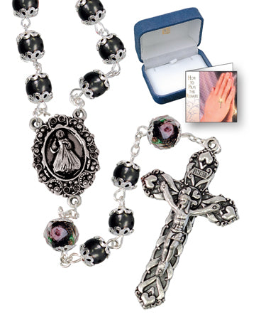 Black glass pearl finish capped rosary beads