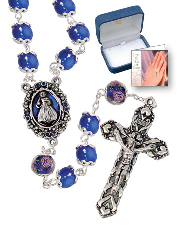 Blue Glass Rosary Beads with Capped Pearl Finish 