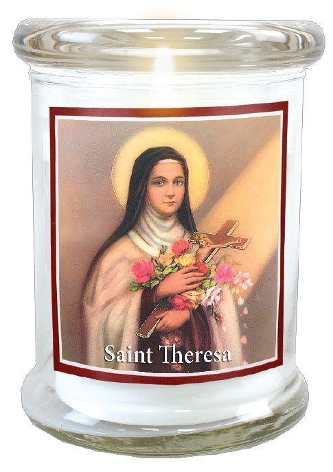 led candle in glass jar saint theresa - indoor & outdoor use