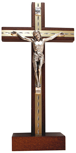 Beech Wood Standing Crucifix 6 3/4 inch Metal Inlaid (11584)