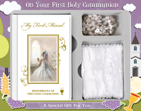 Communion gift set prayer book, beads & purse