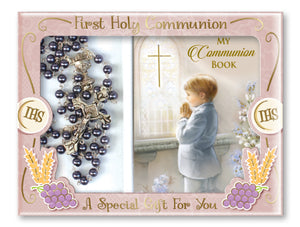 "Boys Communion Rosary Beads & Prayer Book Set" "Imitation Hematite Rosary Beads" "Boy Prayer Book" "First Holy Communion Gift Set" "C6044"
