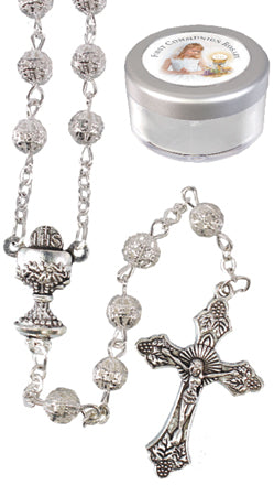 silver metal filigree communion rosary beads