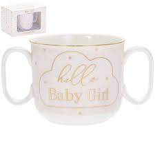 Graceful White and Pink Ceramic Double Handled Mug New Born Gift From The Mad Dots Range. Has 'Hello Baby Girl' and Stars Printed On It In Go