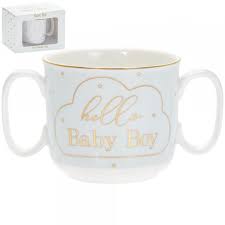 White and Blue Ceramic Double Handled Mug New Born Gift From The Mad Dots Range. Has 'Hello Baby Boy' and Stars Printed On It In Gold.