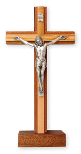 Mahogany Standing Crucifix 8 1/2 inch - Metal Corpus