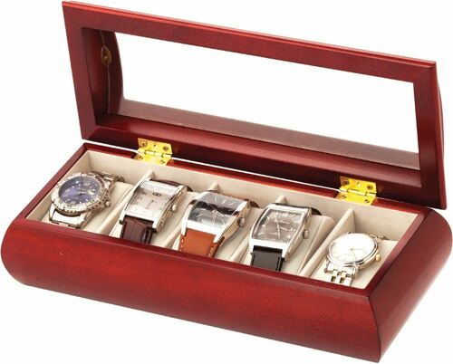 Mele & Co Luxury Cherry Wood Finish Glass Top 5 Watch Storage Box